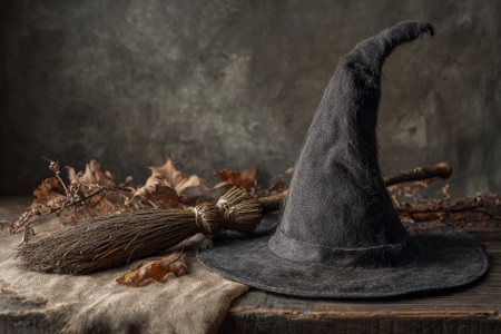 Witch's worn hat and broom lie on a rustic wooden table with dried leaves and branches, creating a spooky halloween atmosphereの素材