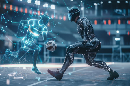 Artificial intelligence is predicting sports performance in futuristic training session inside a stadiumの素材