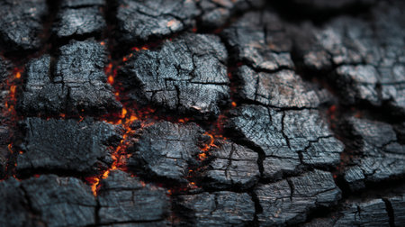 Extreme close-up of charred wood showing the shou sugi ban technique, highlighting the texture and glowing embersの素材