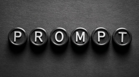 Round vintage typewriter keys spelling the word prompt on a dark background, creating a nostalgic and evocative imageの素材