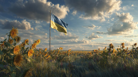 Ukrainian flag waving in the wind in a beautiful field of sunflowers at sunset, symbolizing hope and resilienceの素材