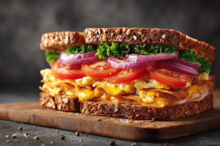 Close-up of a delicious protein sandwich featuring whole wheat bread, scrambled eggs, cheese, turkey breast, lettuce, tomato, and red onion on a wooden cutting boardの素材