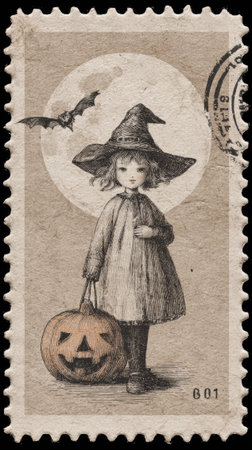 Vintage halloween postage stamp featuring a child dressed as a witch, holding a jack-o'-lantern, with a full moon and bat in the backgroundの素材