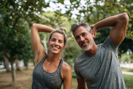 Mature man and woman practicing mindfulness through stretching exercises in a peaceful park setting, promoting mental and physical well-beingの素材