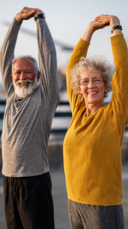 Elderly couple enjoying a healthy lifestyle, stretching together outdoors, promoting active aging and inclusivenessの素材