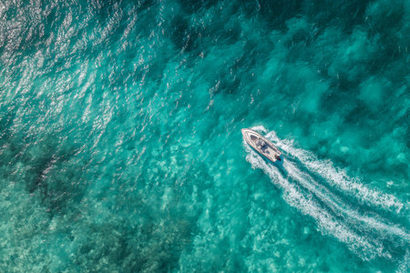 Top down aerial view of a motorboat sailing on incredibly clear turquoise water, leaving a white wake behindの素材