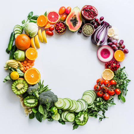 Vibrant arrangement of sliced fruits and vegetables creating a colorful circle on a white backdrop, promoting healthy eating and balanced nutritionの素材