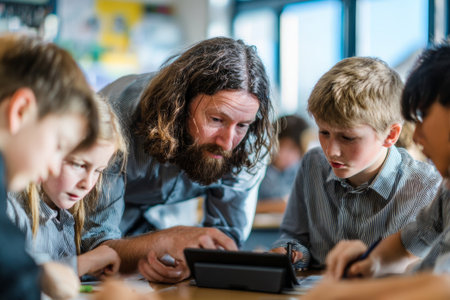 Elementary school students learning coding with their teacher using a tablet in a classroom settingの素材