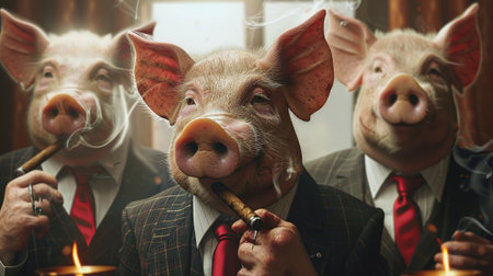 Three pigs dressed in suits and ties are smoking cigars, symbolizing greed, corruption, and excessive wealthの素材