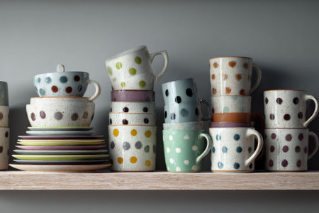 Assortment of vibrant, polka-dotted ceramic mugs, cups, and plates neatly arranged on a wooden shelf against a muted gray backdropの素材