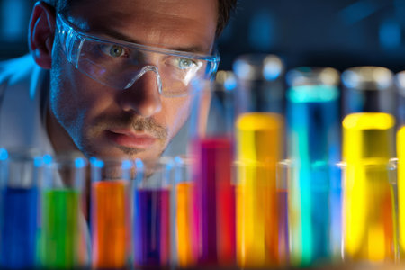 Scientist wearing safety glasses carefully observes colorful test tubes, conducting a laboratory experiment with focus and precisionの素材