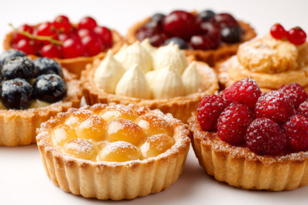 Mouth-watering fruit tarts with various toppings create a tempting display, perfect for dessert loversの素材