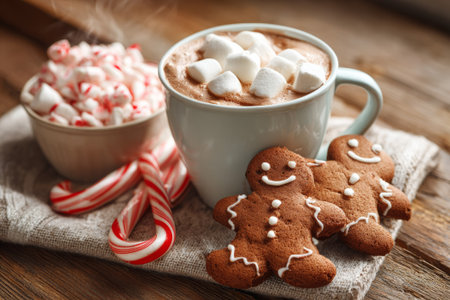 Christmas hot chocolate with marshmallows, gingerbread cookies, and candy canes creates a cozy and festive holiday sceneの素材
