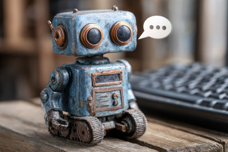 Vintage toy robot with speech bubble engaging in conversation, symbolizing communication and technological advancementの素材