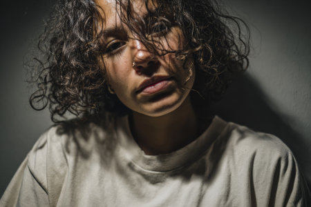 Studio portrait of a young woman with curly hair and a nose piercing, wearing a simple white t-shirt, creating a minimalist and stylish imageの素材