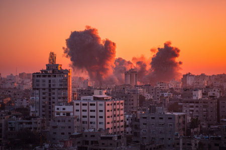 Smoke plumes billow over the gaza city skyline during sunset, creating a dramatic scene of conflict and destructionの素材
