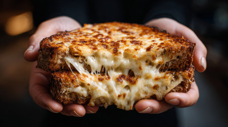 Chef presenting a toasted grilled cheese sandwich, melted cheese stretching enticingly, showcasing the gooey, stringy comfort of this delicious mealの素材