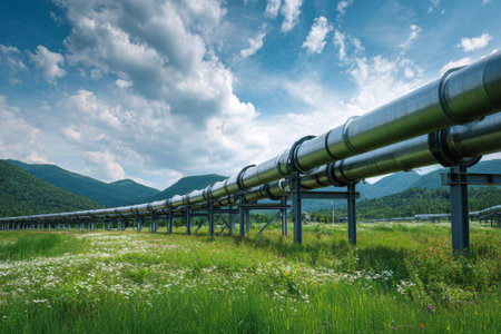 Large diameter gas pipeline transporting natural gas or methane through a green meadow, under a beautiful cloudy sky, ensuring energy supplyの素材