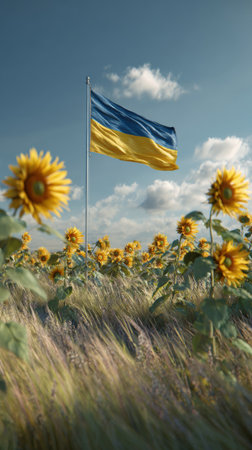 Ukrainian flag waving proudly in a vibrant sunflower field, representing hope and resilience amidst the beauty of summer natureの素材