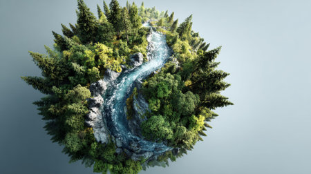 Small planet with lush vegetation and clear river represents a healthy ecosystem, promoting environmental awareness and sustainabilityの素材