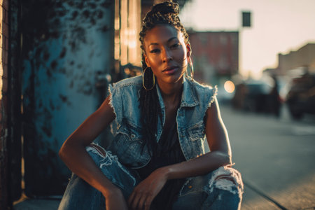 Fashionable woman with braided hair and ripped jeans sitting on a sidewalk in a city during sunsetの素材