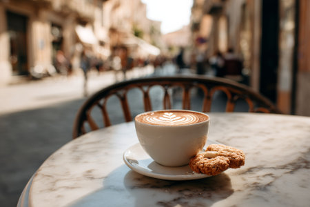 Steaming cappuccino with latte art sits on a marble table at an outdoor cafe, accompanied by a cookie, creating a cozy and inviting atmosphereの素材