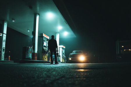 Driver refueling his car at a gas station at night, illuminated by the station's lights and car's headlightsの素材