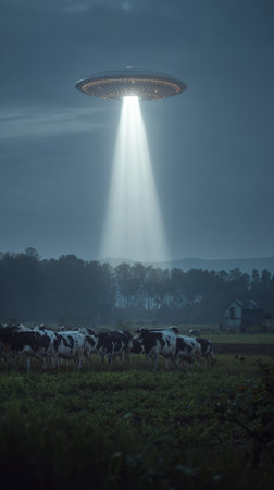 Cows grazing in a farm field, bathed in an eerie light from a UFO hovering above, create a surreal and mysterious nighttime sceneの素材