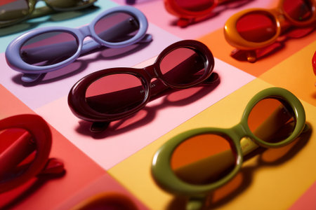Stylish sunglasses in various colors are displayed on a vibrant, geometric background, creating a striking visual for a bold and fashionable advertising campaignの素材