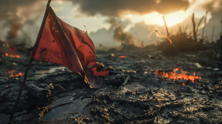 Torn red flag waving over a muddy battlefield at sunset, highlighting the destruction and loss of warの素材