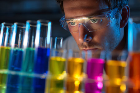Scientist wearing safety glasses carefully examining colorful liquids in test tubes during a laboratory experimentの素材