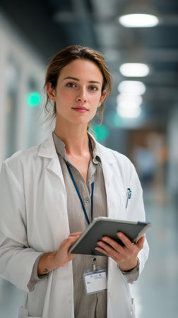 Confident female doctor using digital tablet in hospital corridor, managing patient data and medical recordsの素材