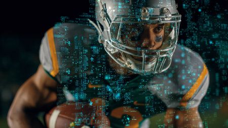 Artificial intelligence analyzing performance of american football players during an exciting night game, showing advanced data-driven insightsの素材