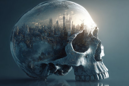 Crystal skull containing futuristic metropolis reflecting modern society and urban development issuesの素材