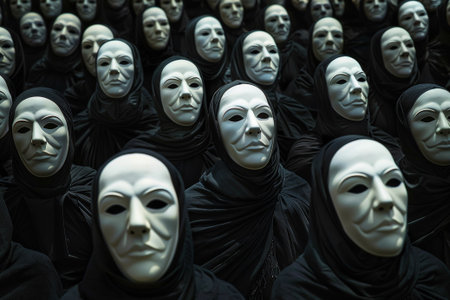 Numerous individuals concealed in black cloaks and wearing identical white masks, symbolizing conspiracy, secrecy, and hidden agendasの素材