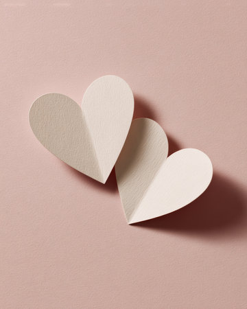 Two delicate paper hearts rest on a pink background, symbolizing love and connection for valentine's dayの素材