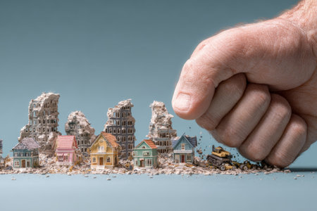 Giant fist is about to crush miniature buildings, symbolizing demolition, destruction, and urban decayの素材