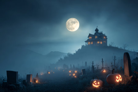Spooky haunted house stands on hill under full moon, surrounded by graveyard with glowing jack-o'-lanterns, creating eerie halloween sceneの素材