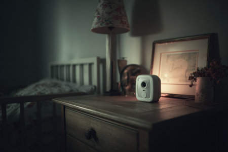Wireless security camera providing surveillance and peace of mind in a dimly lit bedroom, enhancing home safety and automationの素材