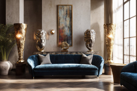 Luxurious interior design showcasing a modern art deco living room with elegant golden lamps, velvet sofa, and artistic sculptures, creating a sophisticated atmosphereの素材