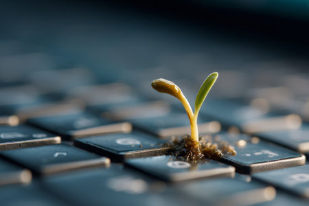 Small green plant growing from soil on a black laptop keyboard, representing the fusion of nature and technologyの素材