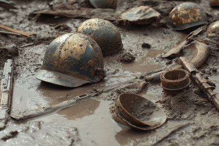 Muddy helmets, weapons, and equipment symbolize the aftermath of battle, highlighting the devastating impact of warの素材