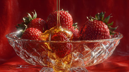 Honey being poured on fresh strawberries in a crystal bowl, creating a sweet and delicious dessert on a vibrant red backgroundの素材