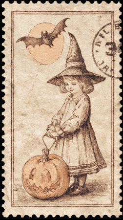 Sepia-toned vintage halloween postage stamp featuring a young girl in a witch hat holding a jack-o'-lantern, with a bat flying in front of the moonの素材