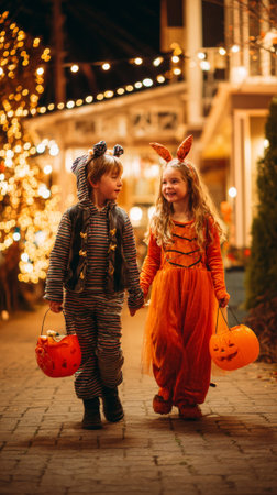 Two young children holding hands and carrying pumpkin baskets while trick-or-treating in halloween costumes at nightの素材