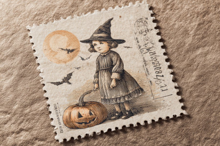 Close-up of an old halloween postage stamp featuring a young girl dressed as a witch, holding a jack-o'-lantern with bats flying in the background under a full moonの素材