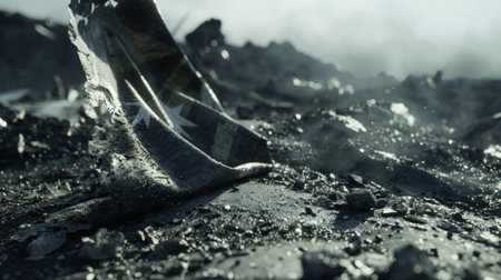 Tattered flag lies on a desolate battlefield, a stark reminder of the destruction and loss caused by warの素材