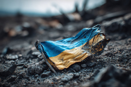 Small Ukrainian flag placed on the ground in a recently bombed area, symbolizing the destruction and conflictの素材