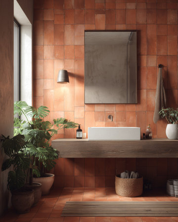 Stylish bathroom showcasing terracotta tiles, wooden countertop, and lush plants, creating a warm and inviting atmosphereの素材