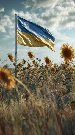 Ukrainian flag waving in the wind in a sunflower field, symbolizing hope and resistance during wartimeの素材